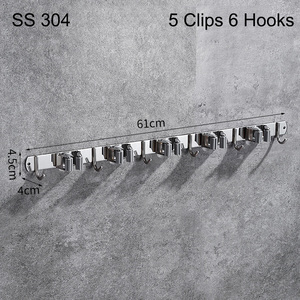 Organisateur <span class=keywords><strong>mural</strong></span> en acier inoxydable à un niveau avec plusieurs crochets, sans perçage, porte-balai et porte-outils pour salle de bain, salon - Product Image 5