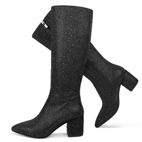 Bottes à talon épais à bout pointu WETKISS OEM pour femmes, bottes à cristaux scintillants, bottes noires à mollet large, bottes hautes pour soirée