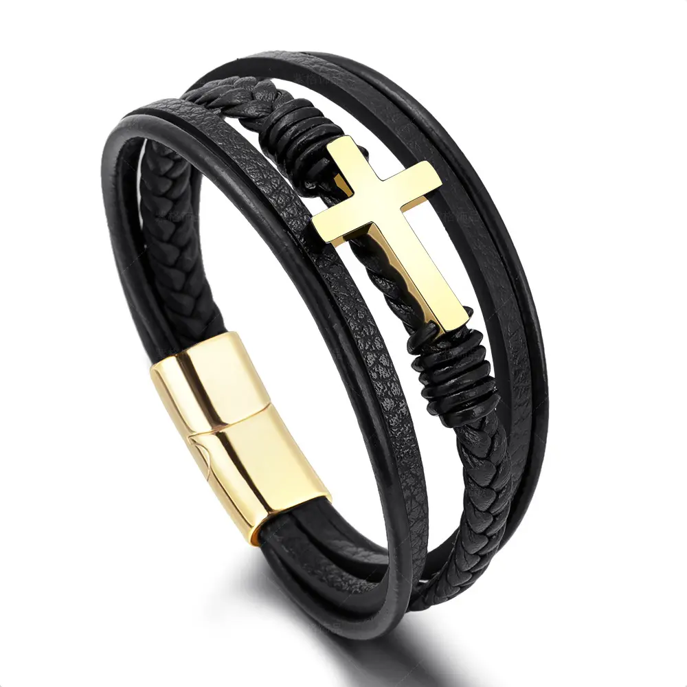 MIENTER – Bracelet tressé classique en acier inoxydable pour hommes, croix chrétienne en cuir noir, pour 19 21 23 cm, cadeaux à la mode, 2023