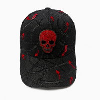 Zwarte schedel grafische luipaardprint 5-panel baseballcap rode versierde details gestructureerd paneel platte klep 100% katoen unisex gothic