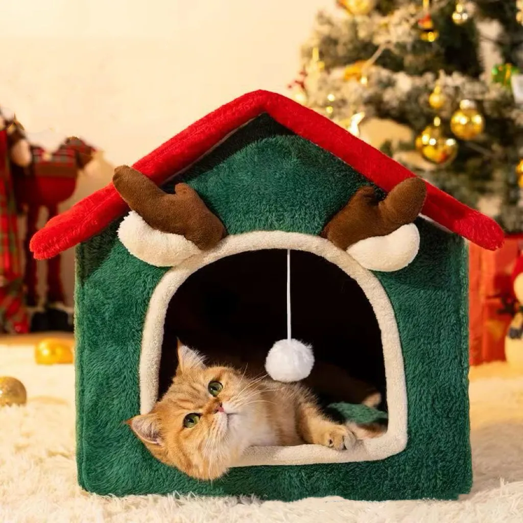 Casa de mascotas ecológica de alta calidad hecha a mano, diseño de Papá Noel de lujo, cueva para gatos y cama para perros, cama cálida y acogedora para gatos para el hogar