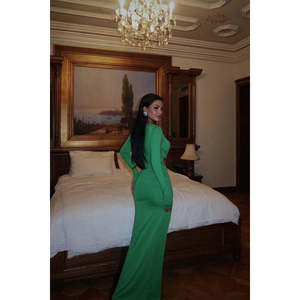 Robe de soirée trapèze en satin vert, fendue, taille empire, à volants, drapée, ornée de strass et de perles, longueur ras du sol, taille XL - Product Image 2