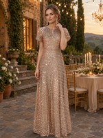 Robe de soirée champagne dorée à sequins, col en V, manches volantées, coupe trapèze, longueur ras du sol, pour mère de la mariée, vente en gros