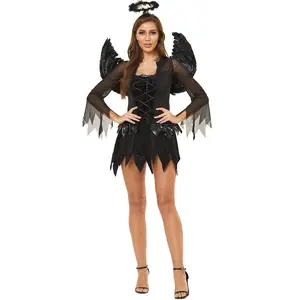 J & H Adultos Traje de Halloween Cosplay Dark Angel Outfit Vestido Asas Faixa de Cabelo Sexy Mulheres Roupas Halloween Terno Com Fishnet S