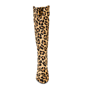 Kadın fabrika kaliteli leopar sahte at saç uzun çizme tıknaz topuk diz yüksek çizmeler - Product Image 5