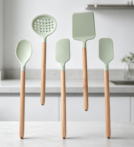 Wood Handle <b>Silicone</b> Kitchen Utensils Set 5 Pieces Non <b>Stick</b> Cookware Safe Cooking Spoon Spatula Ladle for Kitchen Cooking - Product Image 1