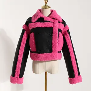 Chaqueta de cuero sintético grueso para mujer, ropa de calle para motocicleta, color rosa y Negro encantador, Y2K