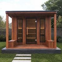 Sauna Traditionnel Extérieur en Cèdre Rouge avec Toit Plat et Grande Porte Vitrée pour 6 Personnes - Centre de Bien-être de Jardin