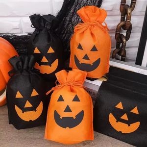New Eco-friendly Halloween Orange Black Non Woven Folding Drawstring <b>Bag</b> with Funny Decoration and Candy Picking Handbag - Product Image 5