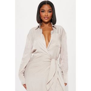 Nuevo Producto Vestido de Color Sólido con Cuello en V y Lazo Irregular de Manga Larga - Product Image 2