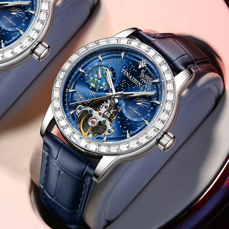 Real Diamond Blue Genuine Leather Band OEM Tourbillon Mens Skeleton Automatic Watch Mechanical orologio uomo 6610