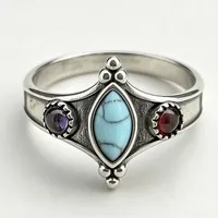 ZhuQian Grosir Cincin Gaya Etnik Pirus Biru Marquise untuk Wanita Perhiasan Klasik Warna Perak Samping Zirkon Bulat Bohemian