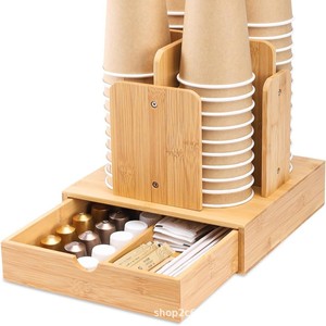 Portavasos de madera con cajón para cápsulas de café y vasos de papel, estante de almacenamiento de escritorio, material de bambú, diseño de 2 niveles - Product Image 5