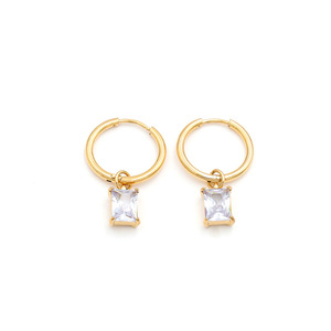 Golden Colored White Zircon Hoop Earrings With Rectangular Charm Bezel Setting Everyday Wear Geometric Design Stainless Steel - Product Image 5