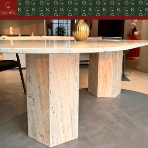 Mesa de Jantar Oval de Luxo Moderna GOLDKING em Travertino Bege Natural com Pernas Hexagonais Duplas Polidas OEM ODM - Product Image 6