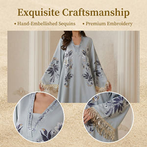 Nuevo Estilo Elegante Vestido Musulmán de Gasa Azul Claro con Adornos de Pedrería para Mujer, Venta al Por Mayor - Product Image 3