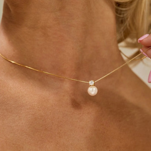 EManco <span class=keywords><strong>Collana</strong></span> Minimalista in Acciaio Inossidabile <span class=keywords><strong>con</strong></span> Perla Lucida e Zirconi, Catena a Maglia Box, Ciondolo Minimalista <span class=keywords><strong>con</strong></span> Perla Lucida e Zirconi - Product Image 5