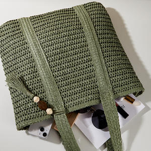 Sac fourre-tout en paille naturelle pour femmes en gros, sac de plage en paille à bandoulière d'été, élégant sac fourre-tout décontracté pour femmes, mode rétro - Product Image 5