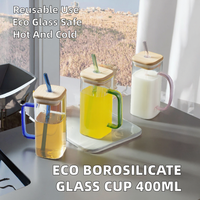 Mug à lait carré en verre borosilicate écologique avec paille et poignée transparente 400 ml, sans BPA, réutilisable, sûr pour les aliments, moderne, portable, pour les fêtes