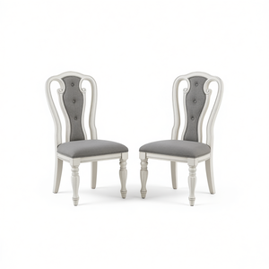 เก้าอี้ทานอาหารสีขาวโบราณ หุ้มเบาะสีเทา ดีไซน์แบบติดกระดุม พร้อมเบาะพิงหลังแบบพิเศษ ขาไม้ สำหรับห้องรับประทานอาหาร - Product Image 1