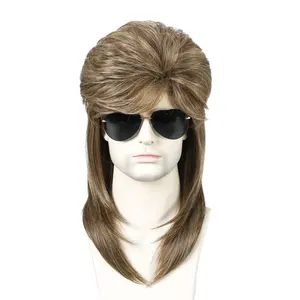 70s 80s cadılar bayramı Rocker disko peruk erkekler uzun düz kıvırcık sentetik Cosplay mallet peruk