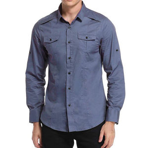 TKAN684 Venta al por mayor logotipo personalizado de los hombres Casual Color sólido camisas de manga larga al aire libre de los hombres camisas de algodón de bolsillo camisas de trabajo - Product Image 3