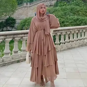 Dubai Türkei Arab Oman Eleganter Kimono für Frauen Muslim Solid Color 3 Schichten Offene islamische Kleidung Chiffon Muslim Kleider Abaya