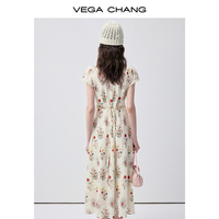 Robe midi florale colorée VEGA CHANG pour femme, col en V, bordure en dentelle festonnée, taille haute, jupe évasée fluide
