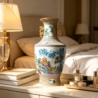 Vase en porcelaine émaillée antique de Jingdezhen, motif paysage coloré, avec doubles anses en forme de dragon, vase en céramique chinoise pour la décoration intérieure