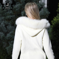 Janefur 2026 Nouveauté Cardigan en tricot blanc crème à col en fourrure zippé style court pour femmes Cardigan en cachemire pour femmes