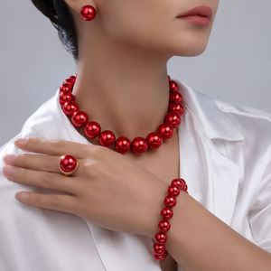 4-Piece Bridal Pearl Jewelry Set Faux Pearl Necklace Bracelet Earrings Ring <b>Suite</b> Elegant Mother of the Bride Gift Nickel Free - Product Image 4