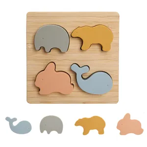 Baby Wooden Geometric Shapes Montessori Puzzle Sorting Silicone Animal Bricks BPA Free Preschool Learning Toys Educational Games