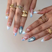 Ongles à presser en acrylique, motif vague bleu rose dégradé, étoile de mer et coquillage, forme amande, pour l'été et la plage, faits main, taille moyenne, personnalisables, vente en gros