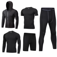 Ensemble de sport cinq pièces pour homme, couleur unie, ajusté, séchage rapide, manches longues, en soie de lait, élasthanne et polyester, pour le fitness