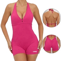 Combinaison une pièce pour femme à col licou et dos ouvert, avec short de yoga froncé aux fesses, pour la gym, le fitness et l'entraînement