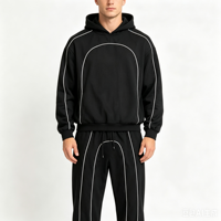 Conjunto de Chándal Personalizado Súper Pesado para Hombre, Estilo Urbano con Ribetes en Contraste, Sudadera con Capucha de Corte Holgado con Contorno Blanco y Pantalones Jogger a Juego