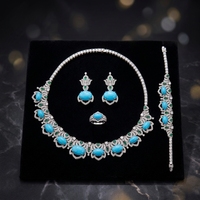 Parure de bijoux rétro ovale en laiton turquoise bleu lotus, collier, boucles d'oreilles, bague et bracelet, en or blanc, pour mariage saoudien