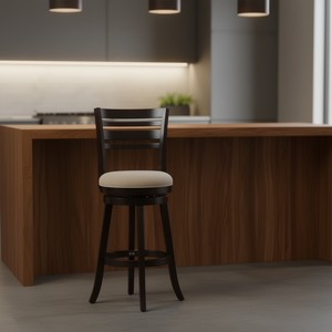 Tabouret pivotant à dossier à lattes, finition expresso, 30 cm de hauteur, assise en tissu beige, pour usage domestique ou commercial - Product Image 2