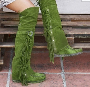 Botas Vaqueras de Invierno Aedra para Mujer, por Encima de la Rodilla, con Borlas, Flecos, Tacón Grueso, Cierre de Cremallera, Antideslizantes, con Detalles Iluminados - Product Image 1
