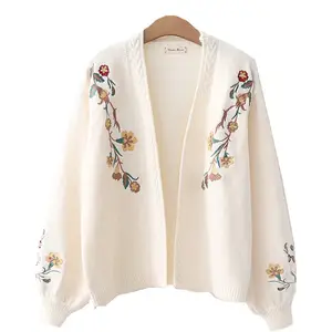 Spring Autumn V-Neck Lantern Sleeve Embroidery Floral Thick Loose Harajuku Female Sweater Women Knitted Fashion Cardigan