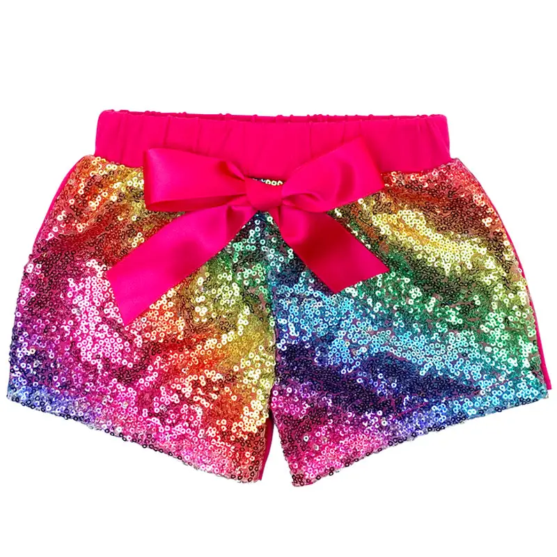 wholesale customer design Cotton Rainbow Sequins Glitter Sparkle Bow Kids Baby Girl Shorts