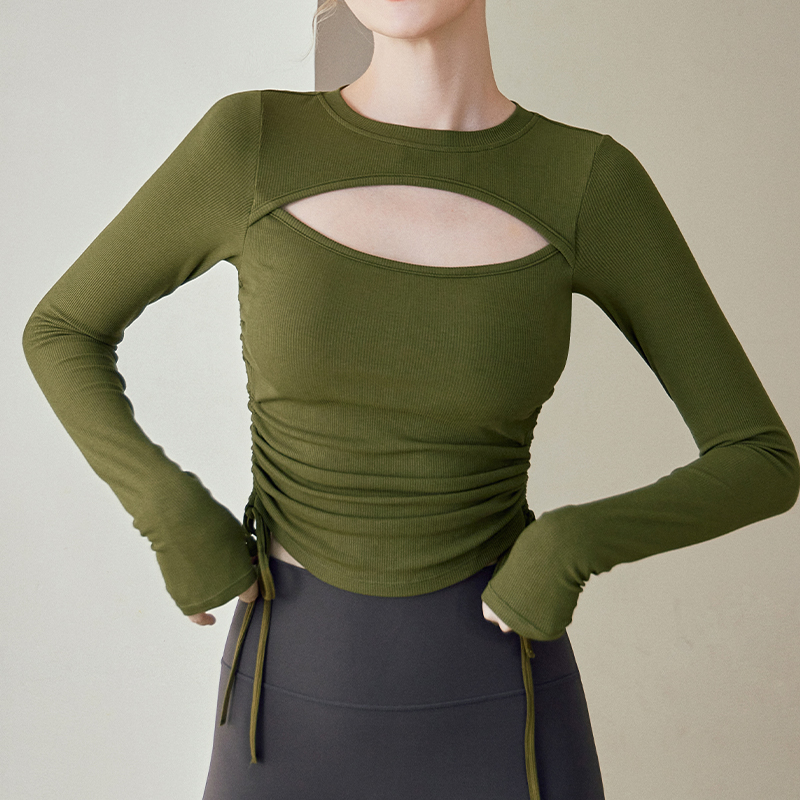 Women's Other Ribbed Chest Cutout Side Drawstring Yoga Top Long Sleeve Regular Fit Cropped Pilates Casual Daily Wear Breathable