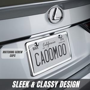 Bingkai Plat Nomor Mobil Baja Anti Karat Amerika Buatan Pabrik, Permukaan Cermin Poles + Tutup Sekrup Berlapis Krom - Product Image 3