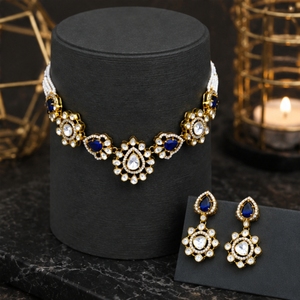 Elegant 925 <b>Silver</b> Necklace and Earrings Set with Blue and White Stones Traditional Indian Bridal Jewelry for Women - Product Image 3