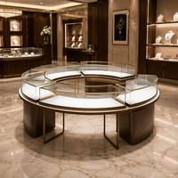 Ensemble complet de mobilier sur mesure pour bijouterie haut de gamme : îlot central combiné, comptoir de présentation et vitrine murale verticale pour colliers