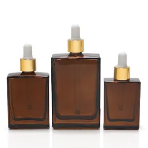 30ml 50ml 100ml schwarze bernstein farbene quadratische rechteckige Glas-Tropf flasche mit flacher Schulter für kosmetische ätherische Öle