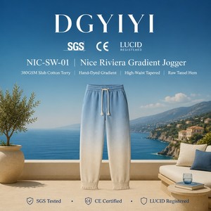 Pantalon de jogging fuselé en coton slub 380 GSM pour femme, dégradé, teint à la main, couleur azur ombré, avec ourlet à franges, style Riviera, OEM XS-5XL - Product Image 5
