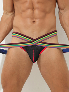 Slip perizoma da uomo in rete con fascia incrociata arcobaleno, sacchetto a U, traspirante, a vita bassa, sexy, all'ingrosso - Product Image 5