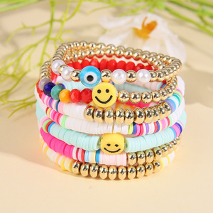 Colorful Polymer <b>Clay</b> Bracelet <b>Set</b> Bohemian Style Heart Smiley Face Women's Jewelry Gift for Valentine's Day - Product Image 4