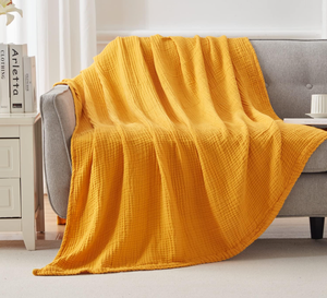 Plaid en <span class=keywords><strong>Gaze</strong></span> Tricotée Lyocell/<span class=keywords><strong>Coton</strong></span> 6 Couches Jaune <span class=keywords><strong>Moutarde</strong></span> Hypoallergénique Léger et Doux pour Lit et Voyage Toutes Saisons - Product Image 3